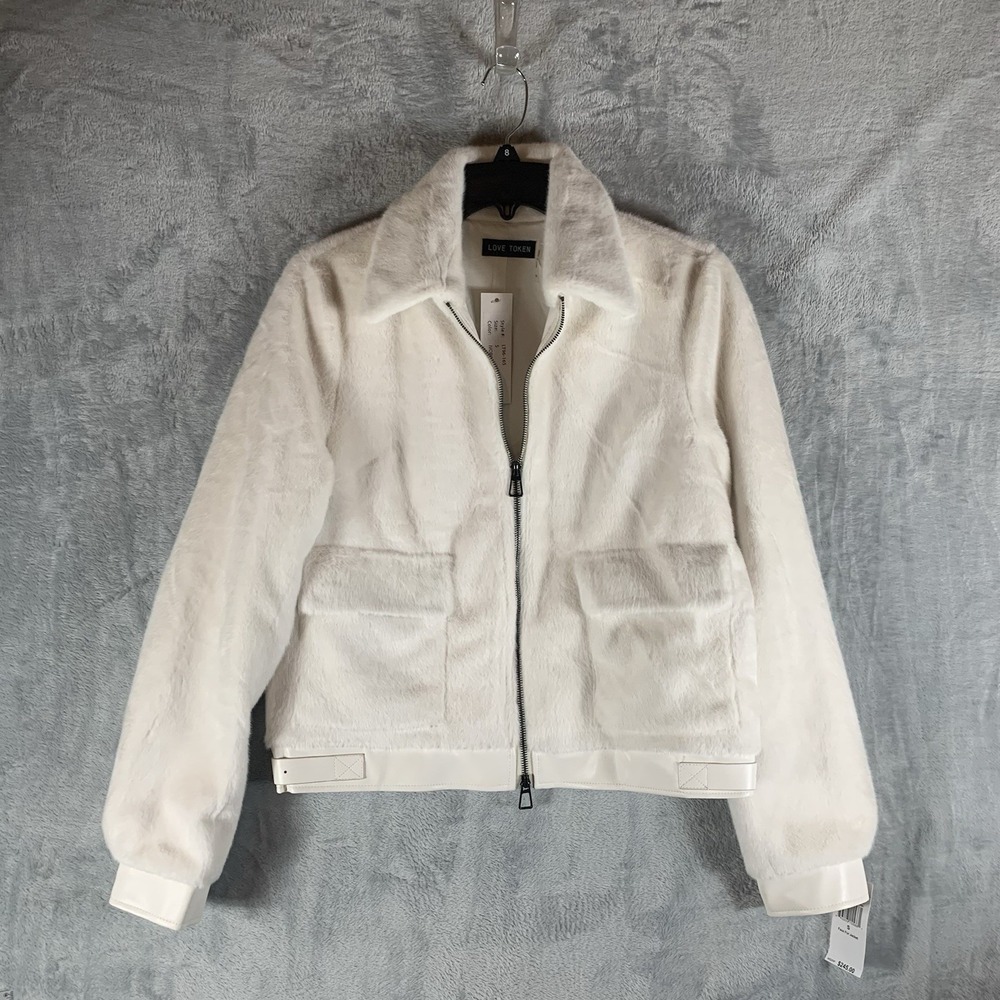 Love Token Women's Faux Fur‎ Jacket Coat Ivory S Collar Full Zip Classic Bomber